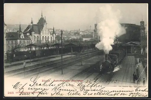 AK Zürich, Die Bahnhofhalle aus der Vogelschau, Ausfahrt