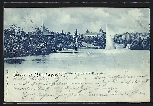 Mondschein-AK Köln-Neustadt, Parthie aus dem Volksgarten, Fontäne