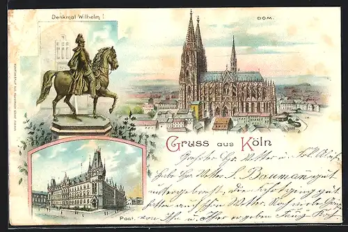 Lithographie Köln / Rhein, Denkmal Wilhelm I., Post, Dom
