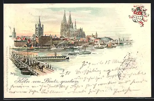 Lithographie Köln, Ortspartie, Panorama von Deutz aus, mit Brücke, Wappen