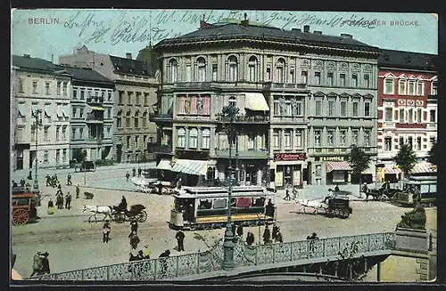 AK Berlin-Tiergarten, Potsdamer Brücke an der Gabelung Victoriastrasse und Potsdamer Strasse, Strassenbahn, Pferdekutschen