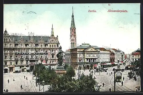 AK Berlin, Alexanderplatz mit Strassenbahn und Grand-Hotel