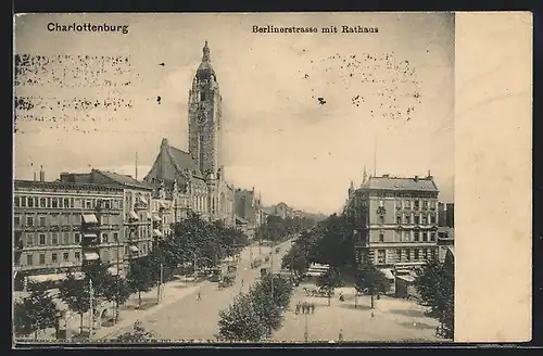 AK Berlin-Charlottenburg, Berlinerstrasse mit Rathaus aus der Vogelschau