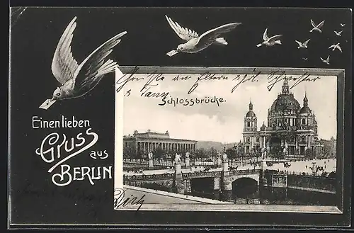 Passepartout-AK Berlin, Schlossbrücke, Brieftauben