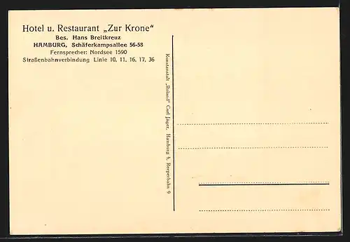 AK Hamburg-Eimsbüttel, Hotel-Restaurant zur Krone H. Breitkreuz, Schäferkampsallee 56-58, Festsaal