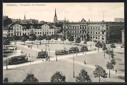 AK Cassel, Königsplatz und Hauptpost aus der Vogelschau, mit Strassenbahnen