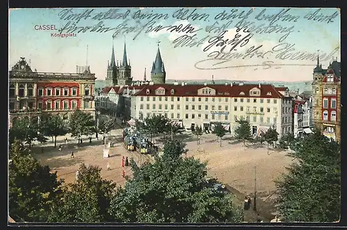 AK Cassel, Königsplatz mit Strassenbahnen, von oben gesehen