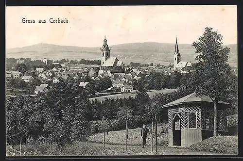 AK Corbach, Gesamtansicht mit Pavillon am Ortsrand