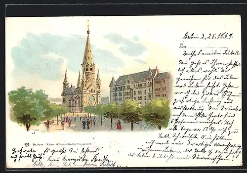 Lithographie Berlin-Charlottenburg, Kaiser Wilhelm-Gedächtniskirche mit Strasse und Passanten