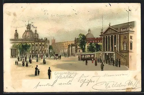 Lithographie Berlin, Opernplatz mit Passanten und Strassenbahn