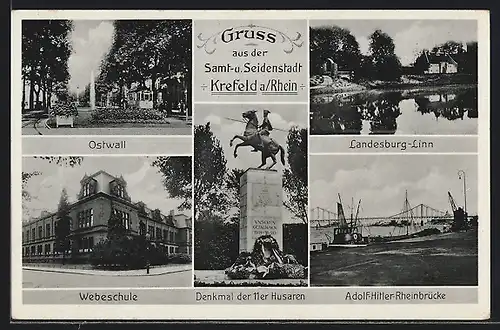 AK Krefeld a. /Rhein, Ostwall, Landesburg-Linn, Rheinbrücke