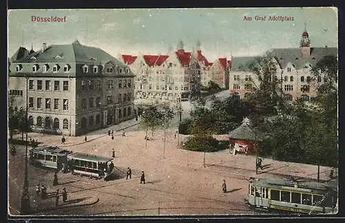 AK Düsseldorf, Graf Adolfplatz mit Strassenbahnen aus der Vogelschau