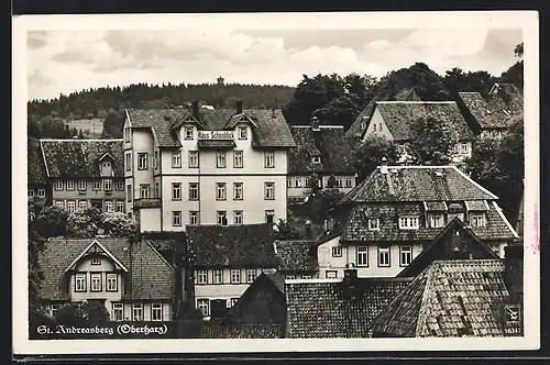 AK St. Andreasberg /Harz, Teilansicht mit Haus Schönblick aus der Vogelschau