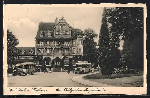 AK Bad Sachsa, Kurparkpartie, Hotel Schützenhaus mit Bussen