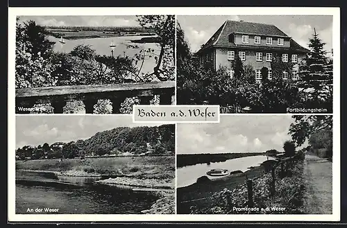 AK Baden / Weser, Fortbildungsheim, Partie an der Weser, Promenade