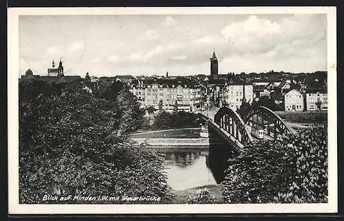 AK Minden i. W., Weserbrücke mit Strassenbahnen