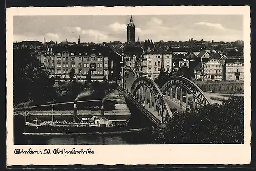 AK Minden i. W., Weserbrücke mit Weserdampfer