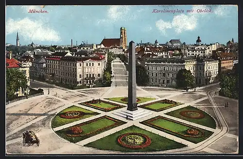 AK München, Blick auf den Karolinenplatz mit Obelisk