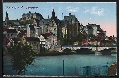 AK Marburg a. L., Teilansicht mit Universität und Brücke