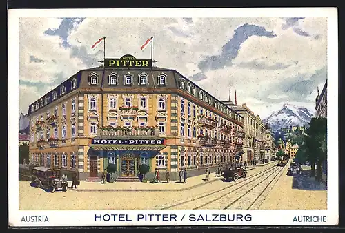 AK Salzburg, Hotel Pitter, Autos und Strassenbahn