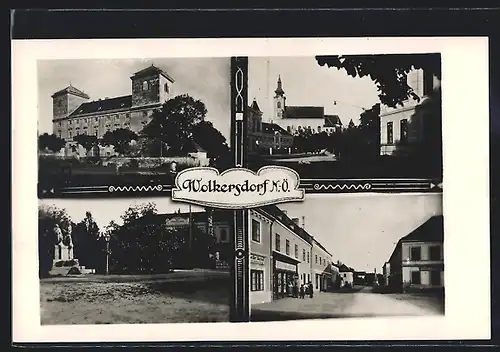 AK Wolkersdorf im Weinviertel, Strassenpartie, Kirche, Denkmal, Schloss