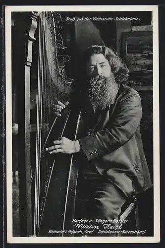 AK Kufstein, Gasthaus Weinstube Schicketanz, Harfner und Sänger-Bassist Martin Heigl, Weinwirt