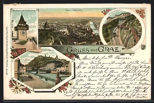 Lithographie Graz, Uhrturm am Schlossberg, Schlossbergbahn und Schlossberg, Panorama