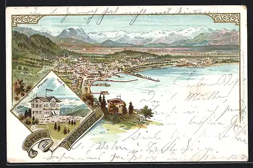 Lithographie Bregenz, Gasthof Pfänder, Panoramablick auf die Stadt