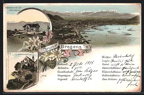 AK Bregenz, Ortsausblick, Pfanderspitze mit Hotel Pfander und St. Gebhardskapelle