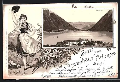 Lithographie Pertisau, Fürstenhaus a. Achensee, Frau in Tracht winkt mit dem Hut