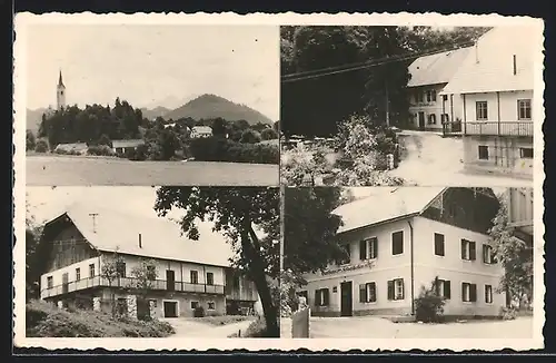 AK St. Kanzian am Klopeiner See, Gasthaus zum Felsenkeller von Alois Deutschmann, Ortsansicht mit Kirche