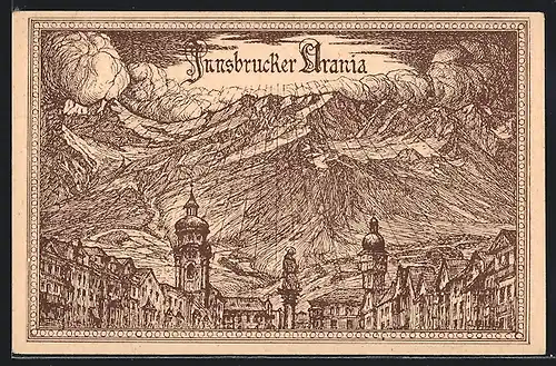 Künstler-AK Innsbruck, Innsbrucker Urania, Die Sonne bricht auf Stadt und Land hernieder