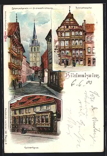 Lithographie Hildesheim, Rolandhospital, Kaiserhaus