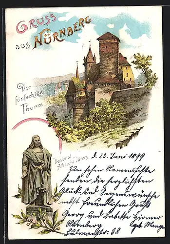 Lithographie Nürnberg, Der fünfeckige Turm, Denkmal Albrecht Dürers