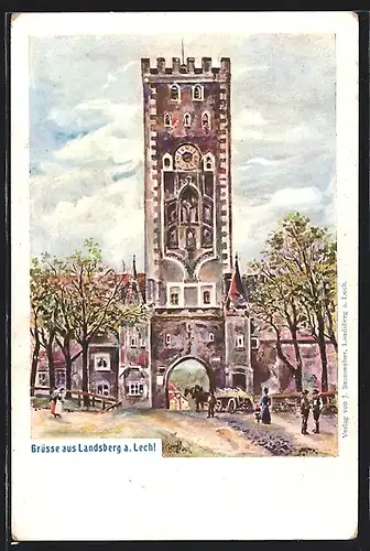 Künstler-AK Landsberg a. Lech, Turm mit Tor