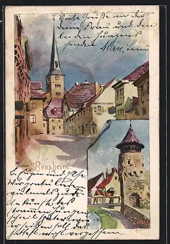 Lithographie Bensheim, Turm, Strassenpartie