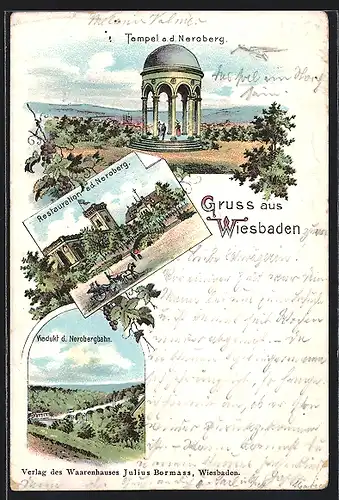 Lithographie Wiesbaden, Gasthaus und Tempel auf dem Neroberg, Viadukt der Nerobergbahn