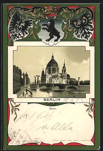 Passepartout-Lithographie Berlin, Ansicht vom Dom, Stadt-Wappen