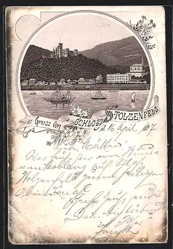 Lithographie Capellen / Koblenz, Schloss Stolzenfels