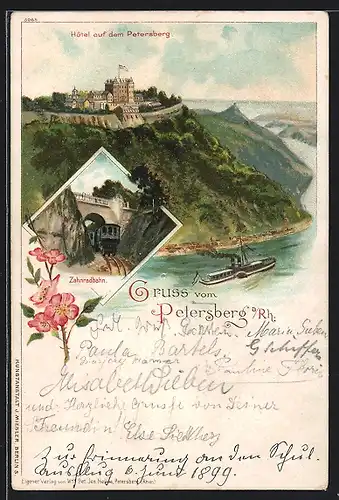 Lithographie Petersberg a /Rh., Hôtel auf dem Petersberg und Dampfer, Zahnradbahn