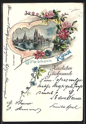 Lithographie Köln, Uferpartie mit Dom, Glückwunsch