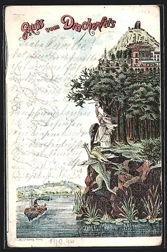 Lithographie Königswinter, Drachenfels mit Hotel und Dampfer