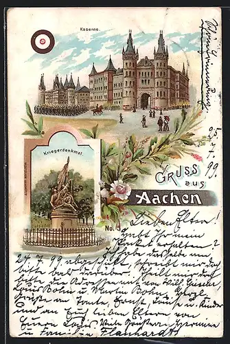 Lithographie Aachen, Kaserne mit Soldaten, Kriegerdenkmal