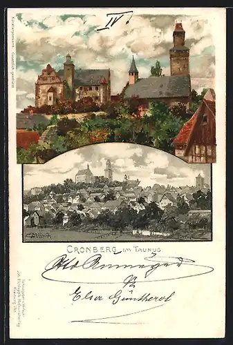 Künstler-AK Carl Münch: Cronberg, Panorama und Kirche