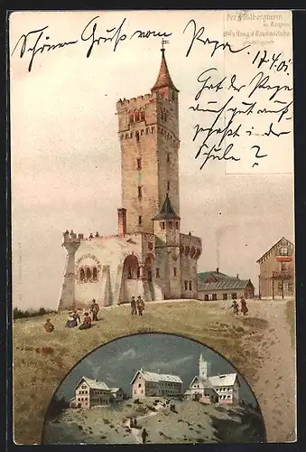 Lithographie Feldberg i. Ts., Wanderer am Feldbergturm