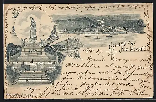 Lithographie Niederwald-Denkmal, Partie am Denkmal und Flusspanorama