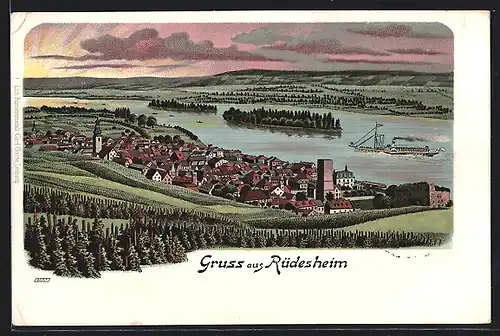 Lithographie Rüdesheim am Rhein, Orts-Panorama im Abendlicht, Dampfer auf dem Rhein