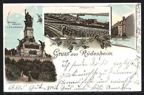 Lithographie Rüdesheim, Panorama mit Niederwald-Denkmal