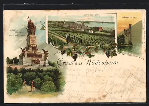 Lithographie Rüdesheim, National-Denkmal a. d. Niederwald, Mäusethurm, Gesamtansicht