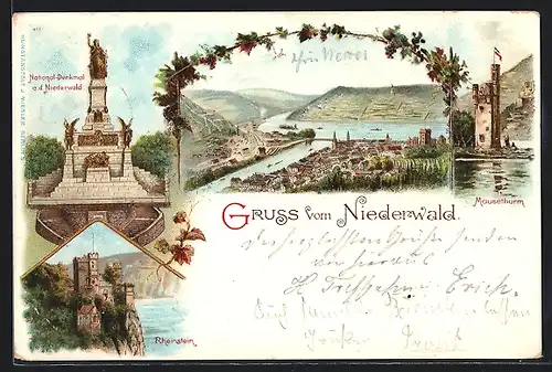 Lithographie Rüdesheim / Rhein, Niederwald Denkmal, Blick auf Rhein, Mäusethurm und Burg Rheinstein